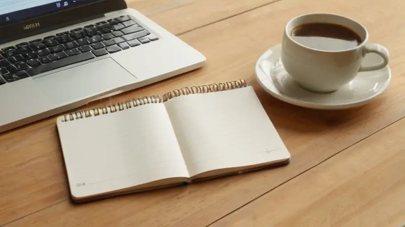 Una persona está sentada frente a una computadora con café y material de escritura para trabajar en un proyecto