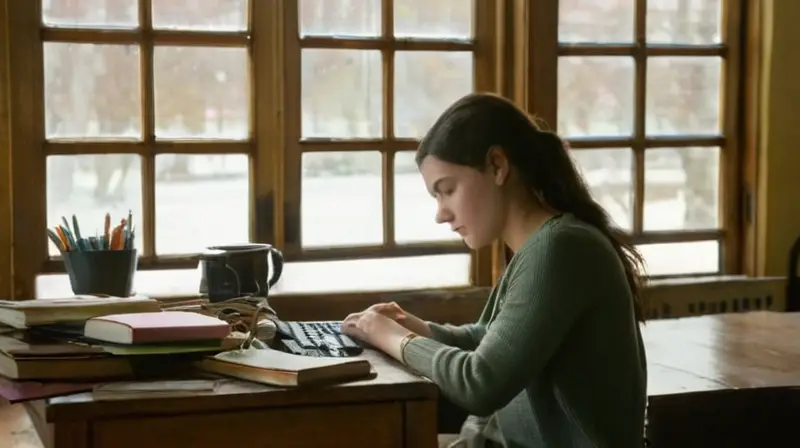 Una joven universitaria trabaja en un estudio desordenado a la luz de una tarde de invierno