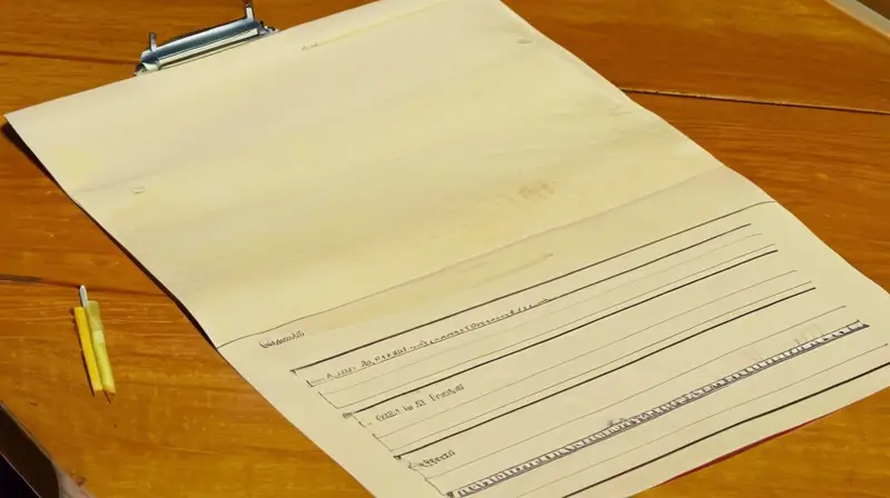 En una mesa desordenada, un papel legal viejo está extendido con un clip y una tarjeta indexada adjunta