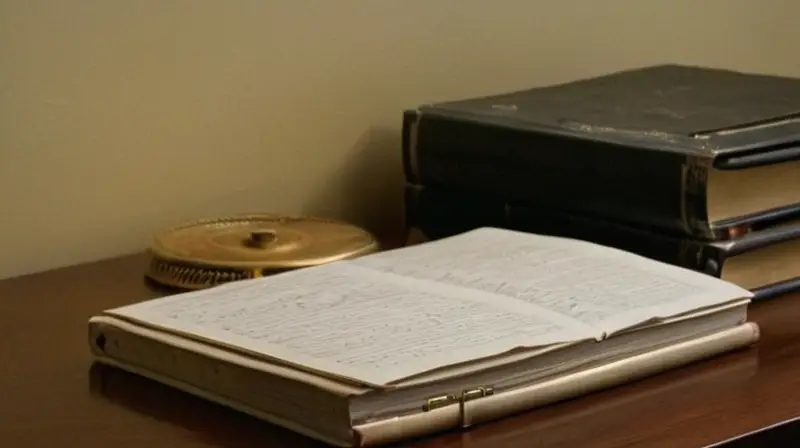 La habitación está dominada por un escritorio desgastado y documentos oficiales, con libros de texto marbelados y notas manuscritas a su lado