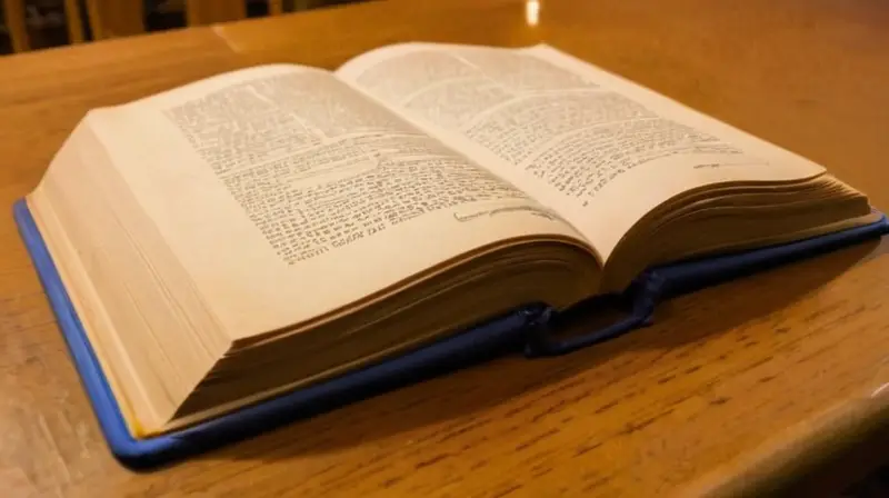 En una mesa de madera cubierta de objetos desordenados está abierto un libro gastado y amarillento