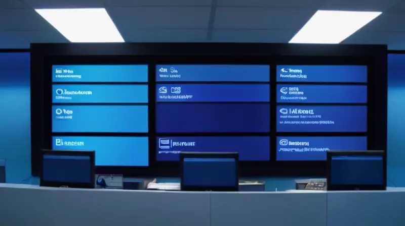 La escena muestra una gran pantalla digital en la parte superior con contenido educativo y debajo de ella una mesa limpia e iluminada por luces fluorescentes