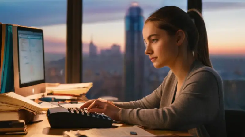 Una joven sentada en su escritorio vela ansiosamente su ordenador mientras el sol se pone detrás de ella