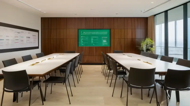 La sala de conferencias cómoda y minimalista cuenta con un ambiente acogedor bajo luz suave y la adición de plantas verdes en el entorno tranquilo