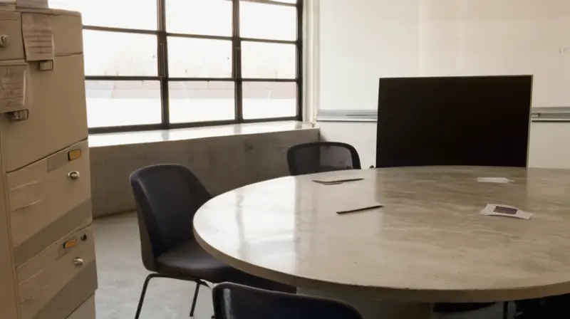Un espacio de oficina desgastado con muebles y objetos que testimonian el uso constante en un ambiente iluminado débilmente por una ventana