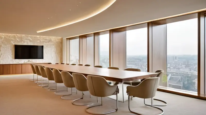 Un salón de conferencias amplio y rectangular, con una decoración minimalista y natural, donde la luz entra a través de las ventanas y se refleja en el mueble de madera trabajada