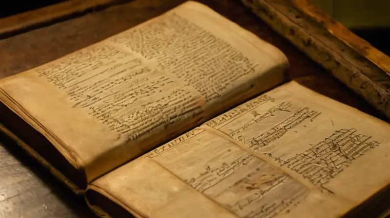 Un libro antiguo y desgastado reposa sobre un escritorio desordenado