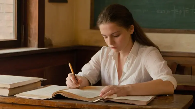 Una joven mujer estudia con intenso concentración en una habitación atestada de libros y documentos