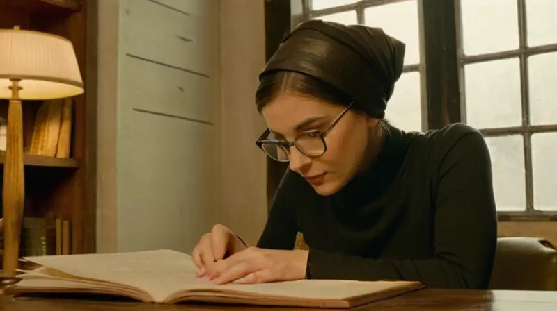 Una mujer anciana con gafas y cabello oscuro se sienta detrás de una antigua mesa, rodeada por libros y papelitos