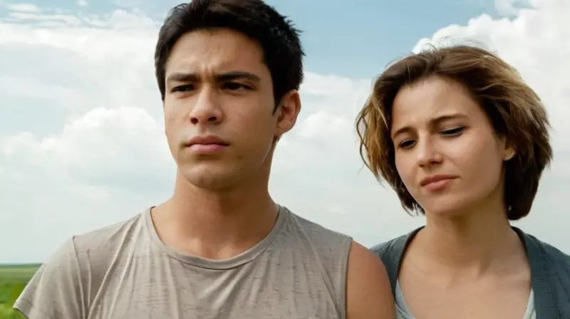 Tres personas con expresiones faciales diferentes se encuentran en un exterior bajo el cielo nublado