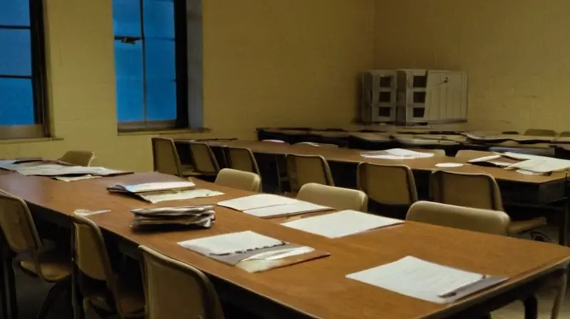 La sala de examen para la Policía Nacional está iluminada con luces fluorescentes y tiene una mesa con exámenes escritos en papel