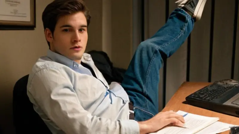 La escena muestra un hombre joven sentado en un escritorio desordenado