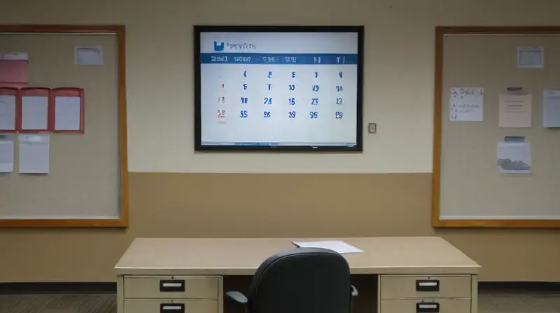 La habitación es un despacho sencillo con un escritorio de madera, dos sillas y una pizarra con calendario