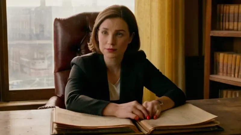 Una mujer sentada en una silla de cuero frente a un escritorio de madera