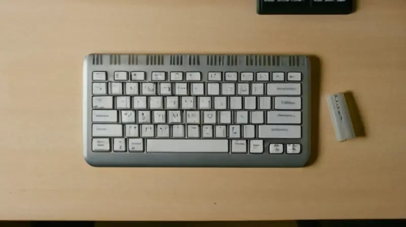 Una pantalla antigua de ordenador muestra texto en un título principal, a la vista cae sobre una sucia y desgastada mesa de escritorio