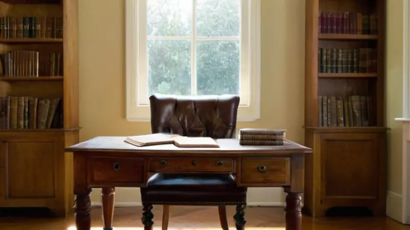 La escena describe una habitación tranquila con un escritorio de madera pulida, libros antiguos y un sillón suave que invita al reposo