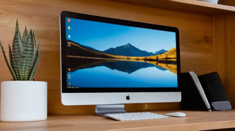 La escena descrita es una estudiada y ordenada habitación de oficina con un monitor en el centro, un escritorio bien diseñado a su lado y paredes con acabados lisos