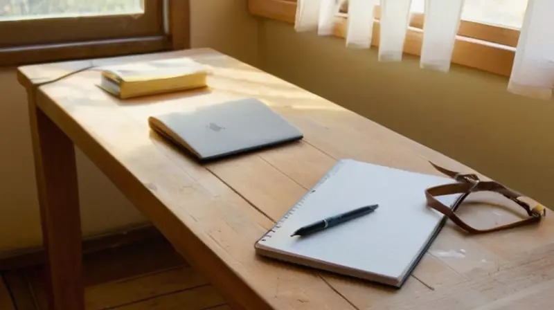 Un escritorio de roble desgastado ocupa la esquina de una habitación con luz amarillenta entrando por la ventana