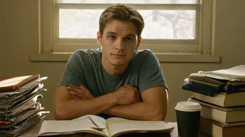 Un joven adulto con una apariencia ordenada y relajada se sienta en su estudio, rodeado de manchas del tiempo en las paredes y materiales dispersos por la habitación