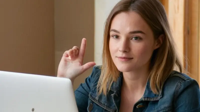 Una joven mujer se sienta frente a una computadora, rodeada de una luz solar y un ambiente sereno