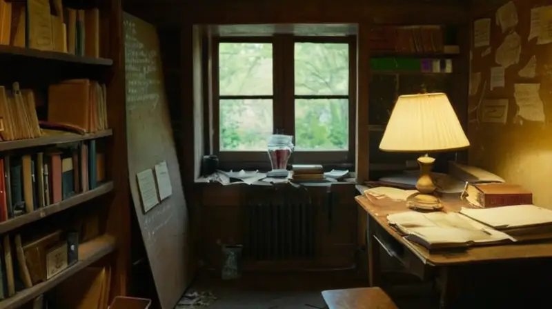 Un estudio caótico con muebles gastados, libros y papeles esparcidos por todas partes, bajo la luz tenue y dura de un tubo fluorescente