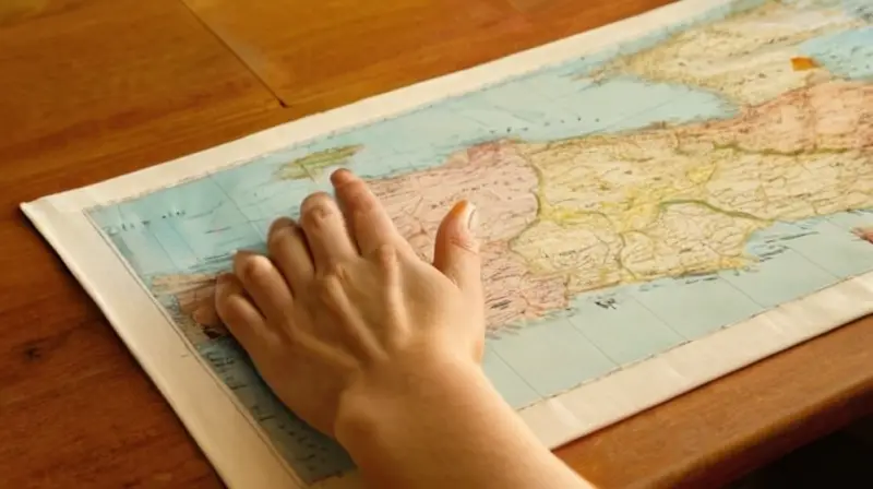 Una mano reposa suavemente sobre un mapamundi de España en una habitación simple y neutral