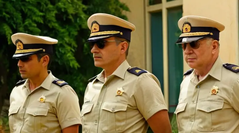 La imagen captura un grupo de policías españoles uniformados parados al aire libre enfrente de un edificio gubernamental con fachada de piedra gris