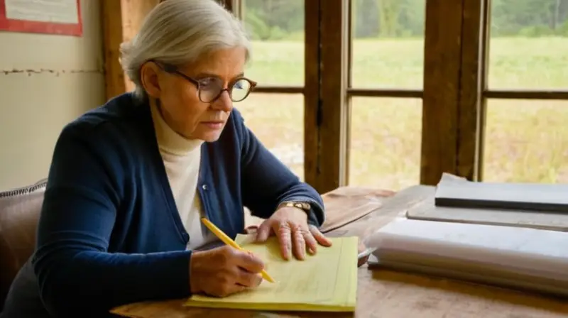 Una anciana examina planes de construcción en una mesa alfombrada con manchas y textos técnicos