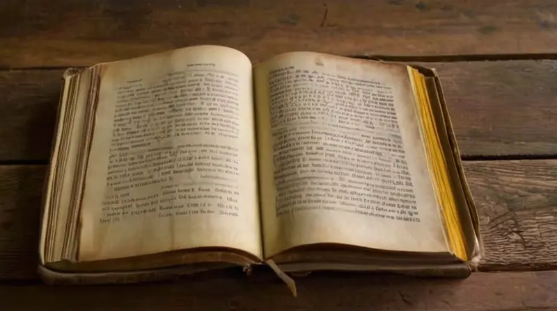 Un libro viejo y desgastado está abierto sobre una mesa de madera arrugada