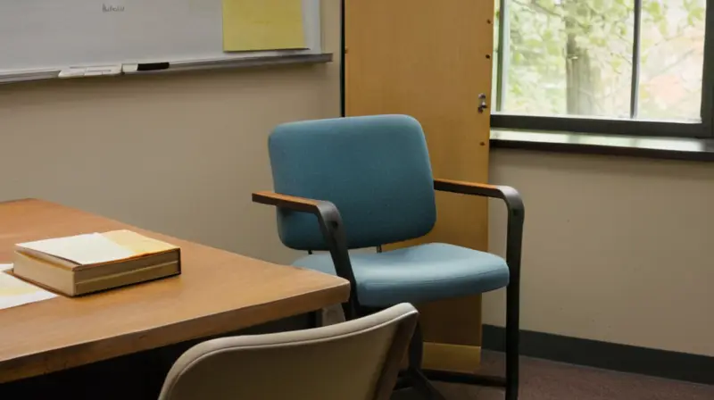 Una mesa de estudio atochada con materiales y una butaca desgastada ocupan el centro del espacio