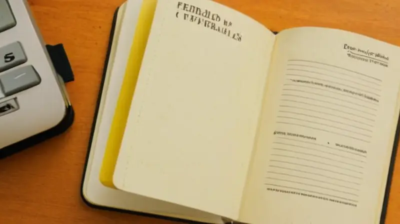 Un antiguo cuadernillo de notas sucio y desgastado está abierto sobre un escritorio cubierto de papeles