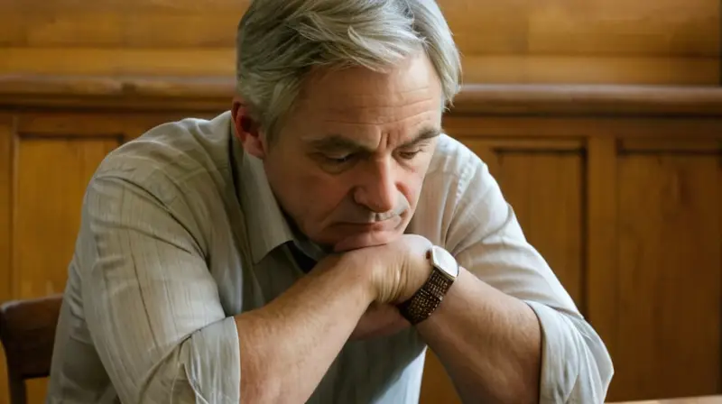 Un hombre maduro con una cara marcada por la preocupación se sienta abrumado en su escritorio, con las manos juntas con dedos temblorosos