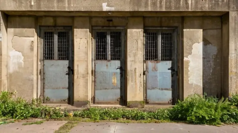 La fachada de una zona militar está cubierta de grietas y reparaciones en un concreto grisáceo y marrón desgastado