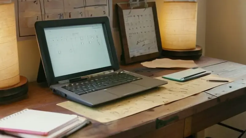 Una mesa de madera con un escritorio desordenado donde se ven restos de papel y lápices rodean una pantalla de computadora marcada por huellas dactilares
