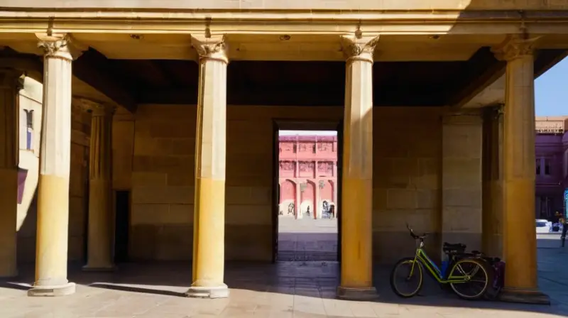 Una fachada sucia de un edificio de ayuntamiento está detrás de la bandera chilena ondeando débilmente junto a calles desiertas