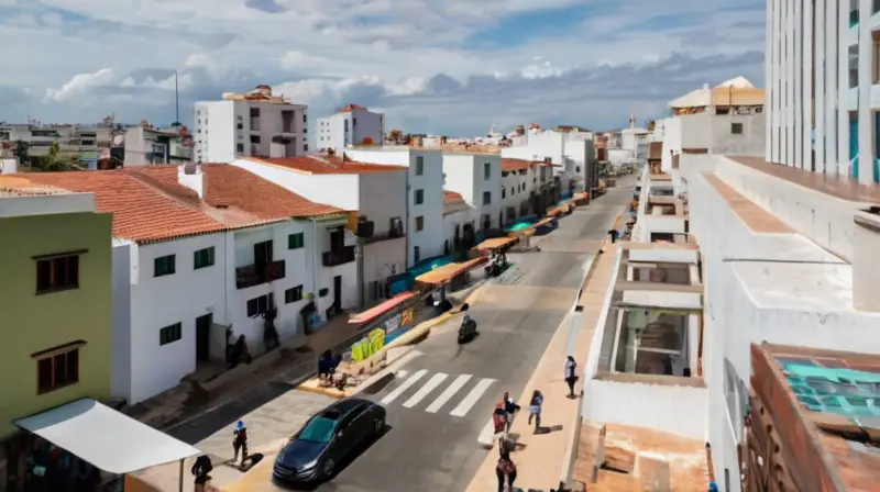 Una ciudad vista desde su perspectiva urbana a primeras horas de la mañana, con sombras largas y gente caminando en direcciones opuestas