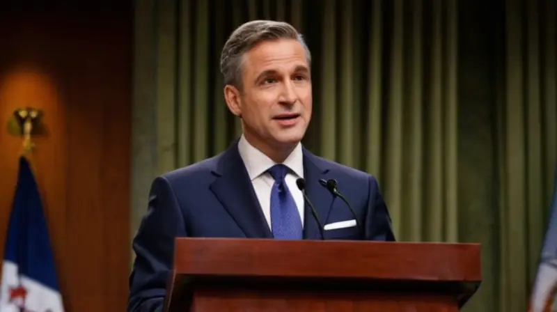 Un político se dirige con confianza al público desde detrás de un podio antiguo