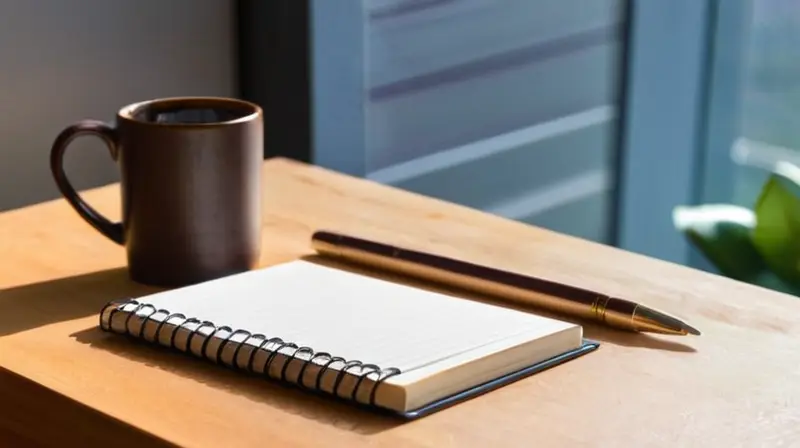 Un cuaderno grande y moderno con un tapa cansada reposa abierto en un escritorio sencillo iluminado por la luz del sol