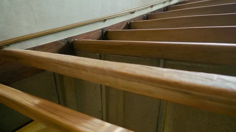 Una escalera de un edificio gubernamental iluminada débilmente por la luz del sol que entra a través de las ventanas