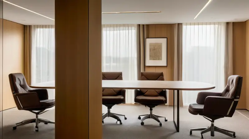 Una mesa de conferencia con cinco sillas rodea un ambiente tranquilo iluminado por la luz natural, adornado con documentación y elementos personales