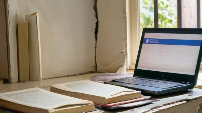 En una habitación iluminada por la luz del sol matutino, hay una mesa de madera con un ordenador y libros apilados al lado