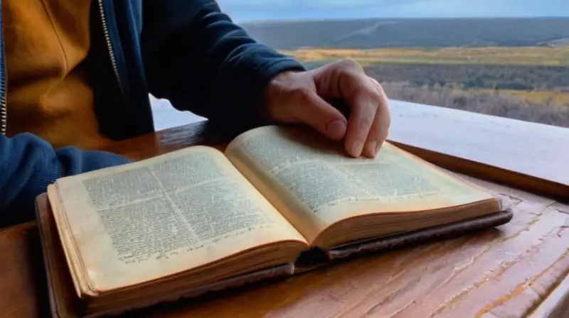 Las manos de un hombre sostienen suavemente libros y cuaderno de cuero en una mesa de madera con luz filtrándose desde la ventana detrás