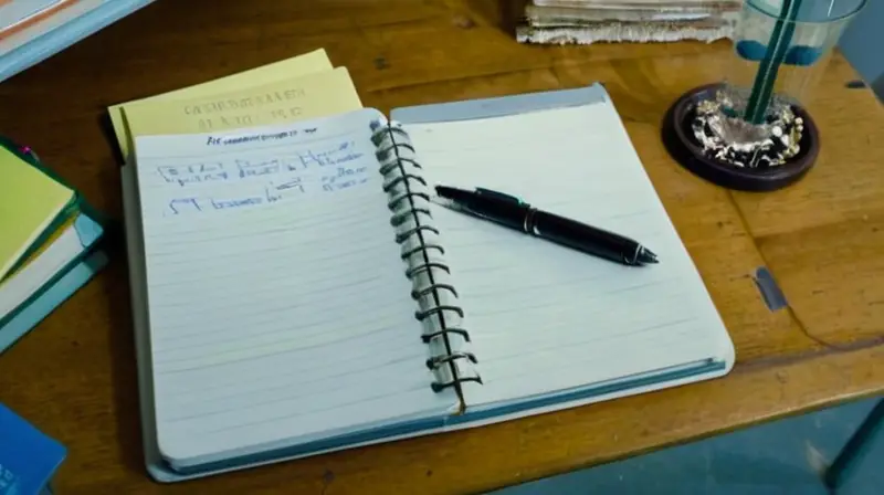 Una estudiante está trabajando en su escritorio cubierto de papeles y objetos, rodeada por sombras de luz débil