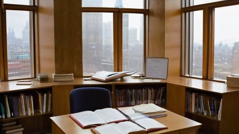 Una habitación de estudio sencilla pero acogedora con un ordenador y un escritorio rodeados de libros y notas en las paredes