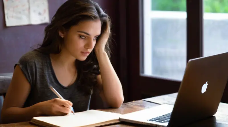 Una joven sentada frente a un escritorio atestado, con su laptop y un cuaderno esparcido ante ella, está estudiando intensamente bajo la luz de la mañana