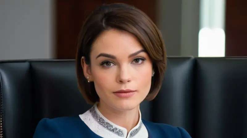 Una joven mujer en su veintena se sienta en una sala de reuniones moderna con ropa elegante y sofisticada