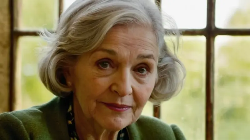 Una anciana sentada en una sillería rústica ve su rostro surcado de arrugas y sus ojos marrones oscuros, iluminados por colores cálidos a través las ventanas de vidrio estancado