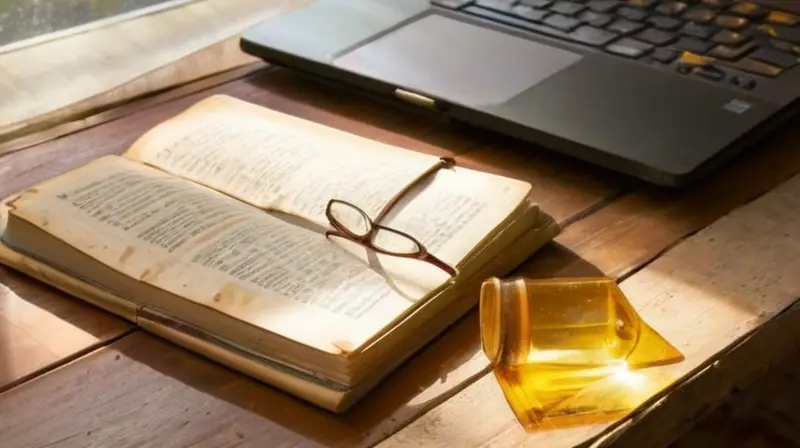 Un escritorio desordenado con un computador y libros antiguos rodea una taza de café con huellas de condensación en una habitación tranquila