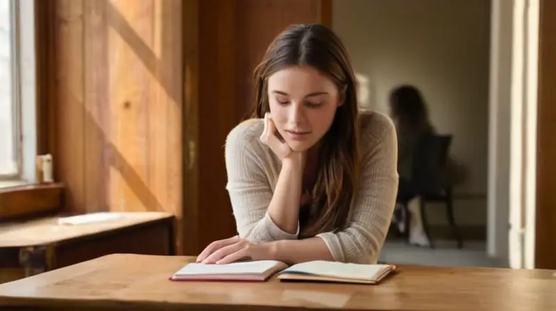 Una joven universitaria se siente en un estudio tranquilo y bien iluminado