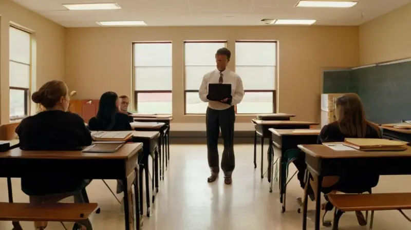 En una clase iluminada por una ventana, un maestro habla enfrente de estudiantes sentados en escritorios de madera